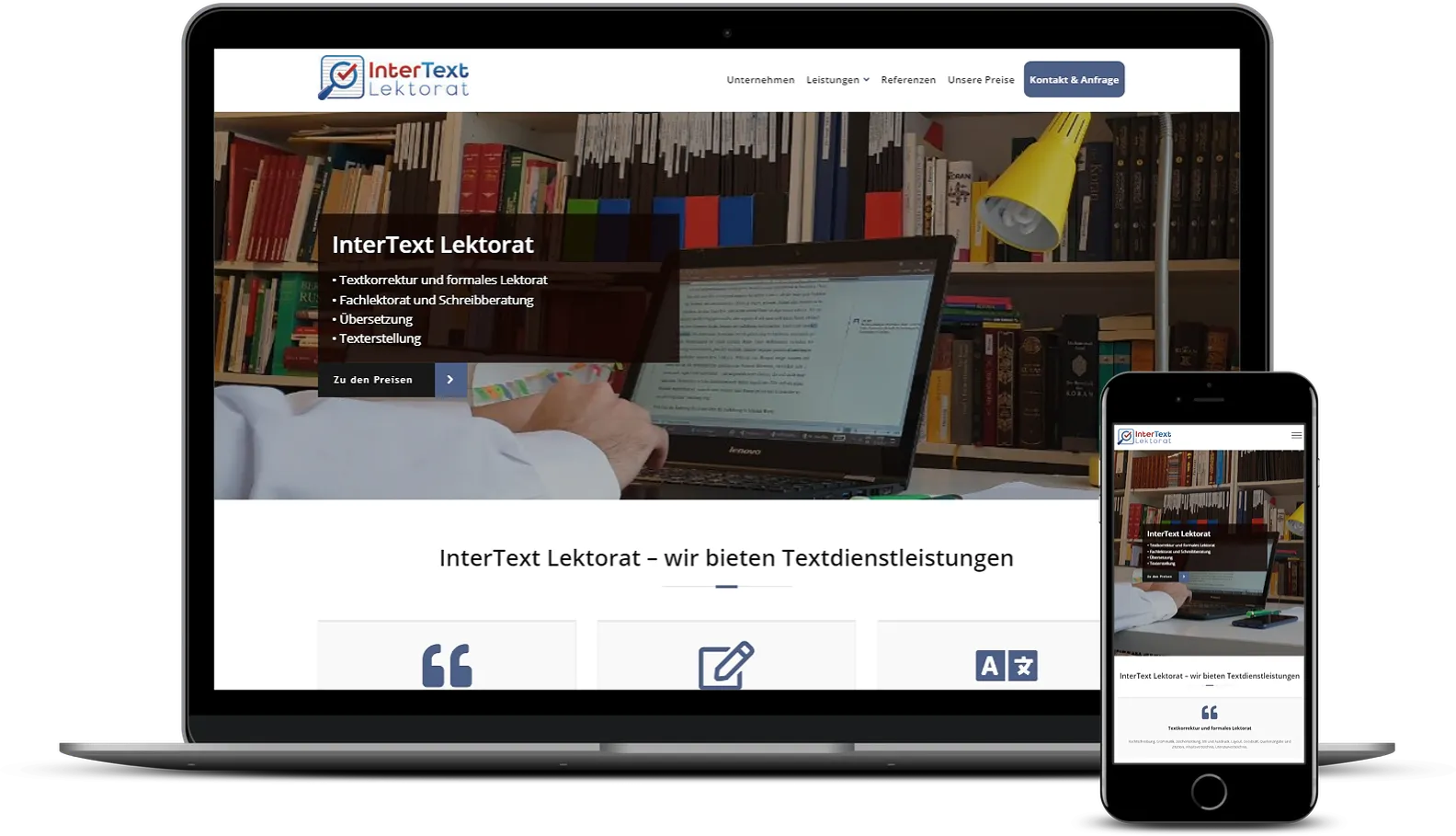Website von InterText Lektorat in Desktop- und Mobilansicht
