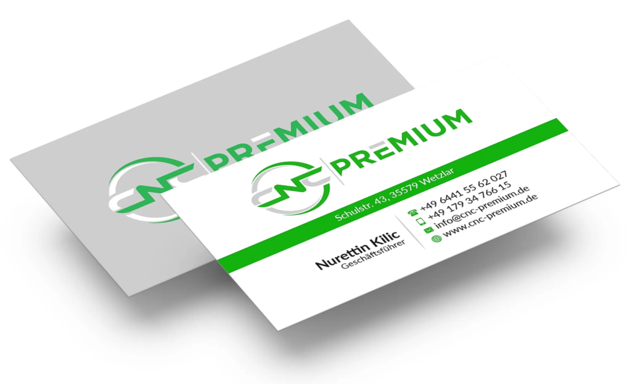 Visitenkarte von CNC Premium in Vorder- und R&uuml;ckansicht