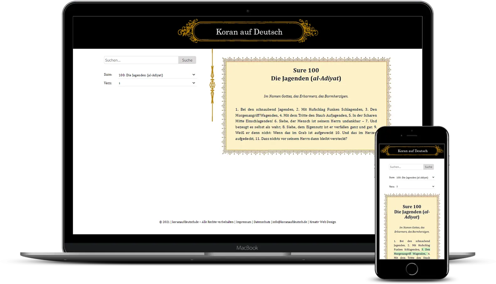 Website Koran auf Deutsch auf Notebook und Smartphone