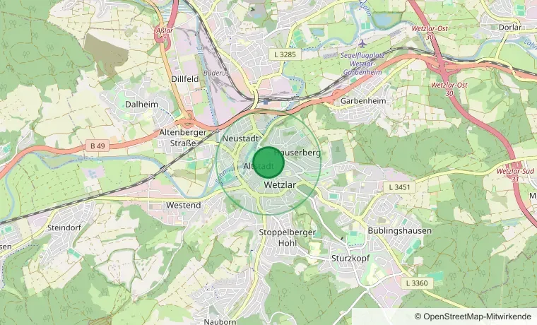 Karte von Wetzlar mit Einzugsgebiet, Stadtteilen und den angrenzenden Orten im Lahn-Dill-Kreis