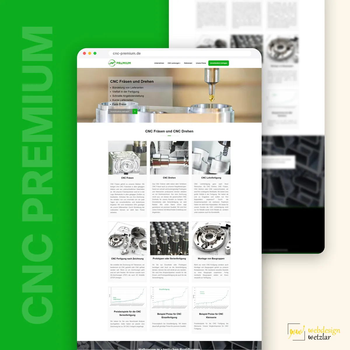 Website von CNC Premium im Browserfenster: Startseite mit Fräser über Metallteil und Kacheln zu den Fertigungsarten