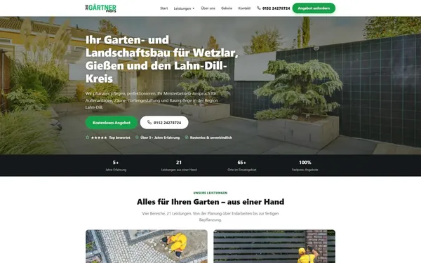 Startseite von die-gaertner-profis.de mit Gartenterrasse, Überschrift zum Lahn-Dill-Kreis und Anfragebuttons