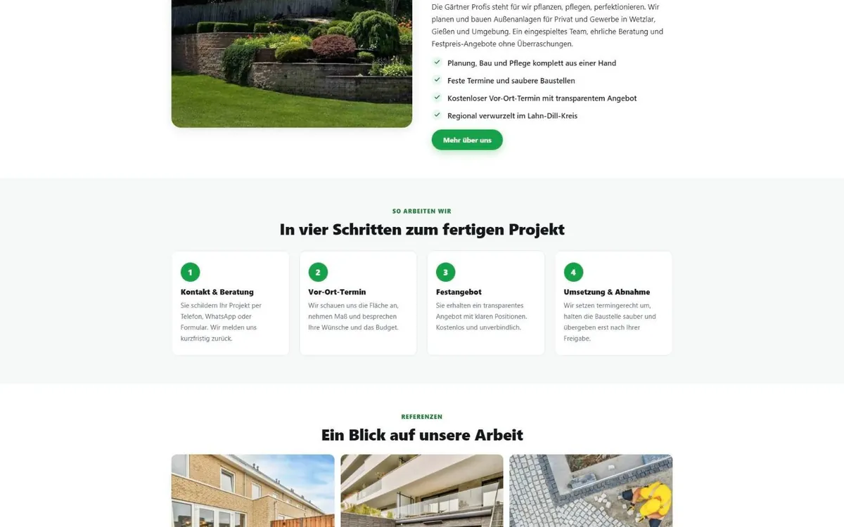 Abschnitt der Gärtner-Profis-Website mit Über-uns-Text, Ablauf in vier Schritten und ersten Referenzfotos
