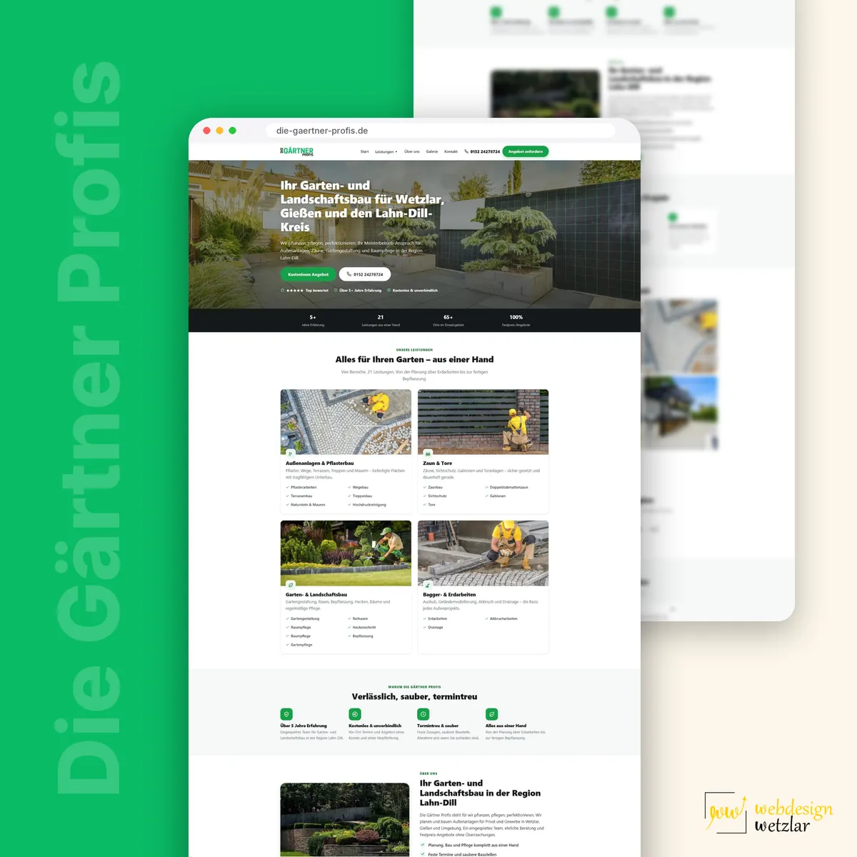 Website von Die Gärtner Profis im Browserfenster mit Gartenfoto, Zahlenleiste und vier Leistungskarten