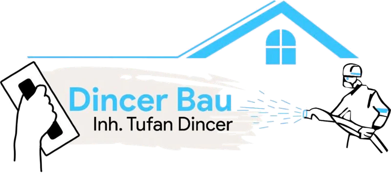 Logo von Dincer Bau: hellblaues Hausdach, Hand mit Glättkelle, Arbeiter mit Spritzpistole und Schriftzug