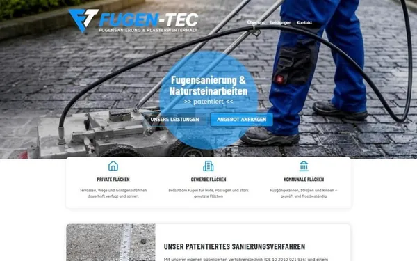 Startseite von fugentec.de mit Logo, blauem Kreis zur Fugensanierung und Karten für private und kommunale Flächen