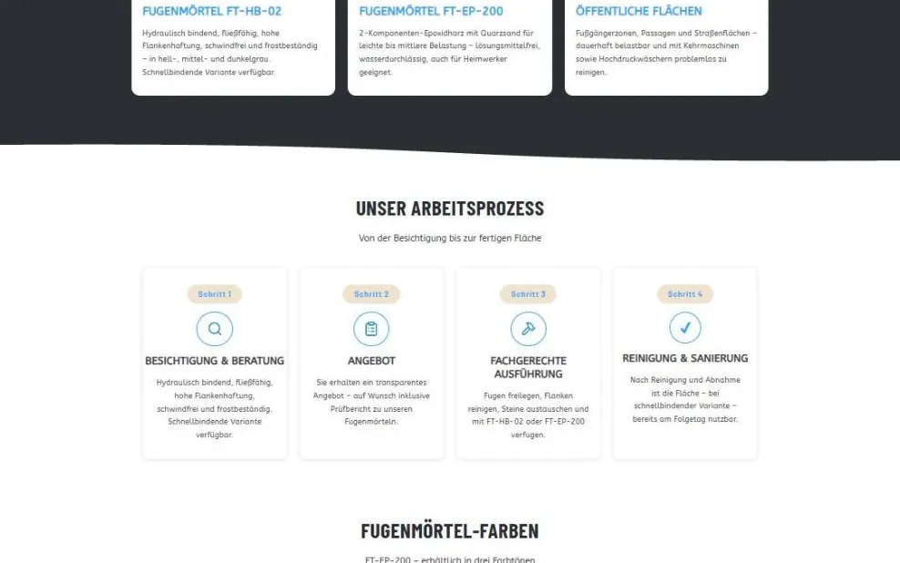 Abschnitt der FUGEN-TEC-Website mit Arbeitsprozess in vier Schritten von Besichtigung bis Reinigung