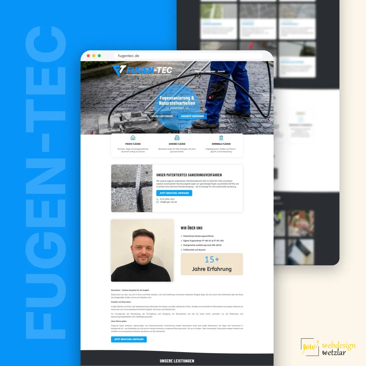 Website von FUGEN-TEC im Browserfenster mit Fugenmaschine auf Pflaster, Zielgruppenkarten und Inhaberfoto