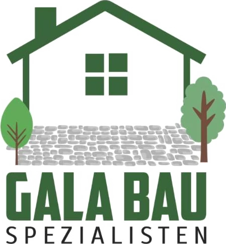 Logo von Galabau Spezialisten: grünes Haus mit Pflasterweg und zwei Bäumen über dem Schriftzug GALA BAU