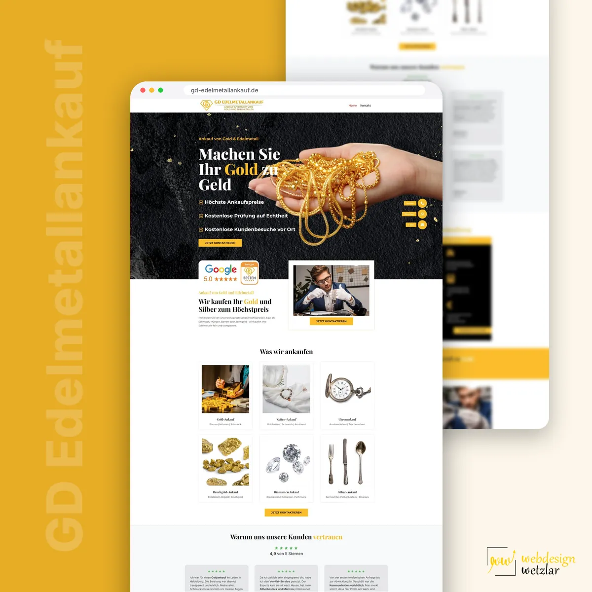 Website von GD Edelmetallankauf im Browserfenster mit Hand voller Goldketten und Kacheln der Ankaufkategorien