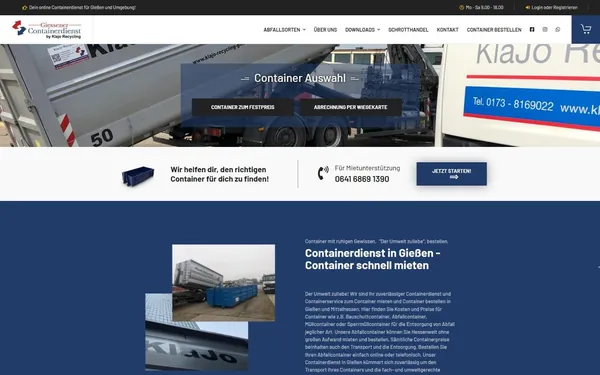Startseite von giessener-containerdienst.de mit Abrollcontainer, Buttons für Festpreis und Wiegekarte