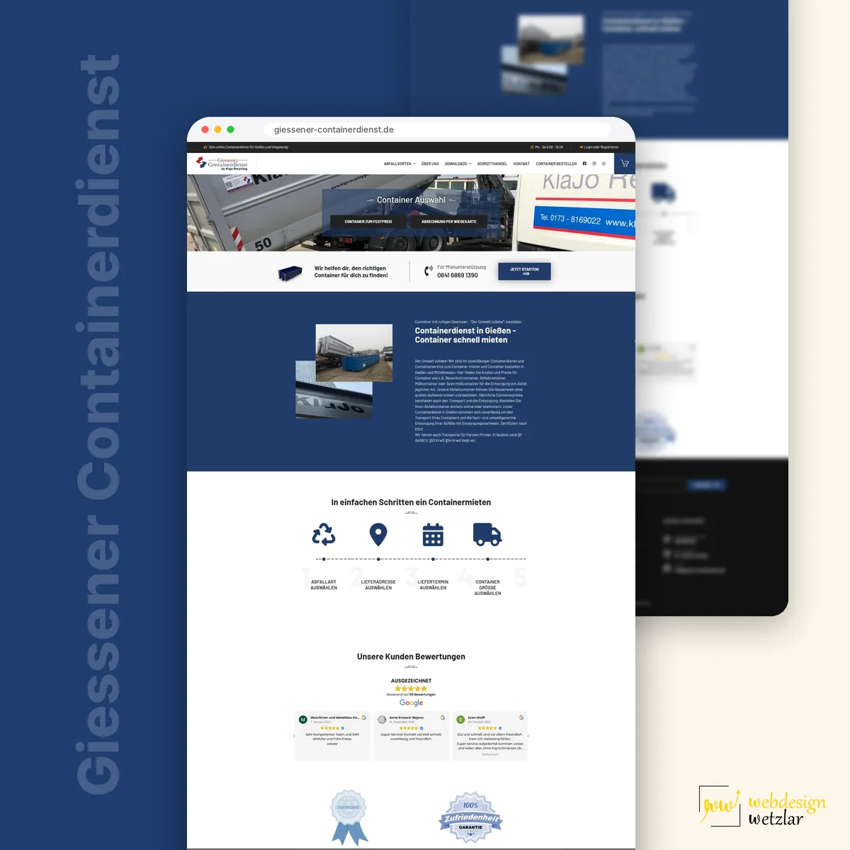Website des Giessener Containerdienstes im Browserfenster: Containerauswahl, blauer Infobereich und Bestellschritte