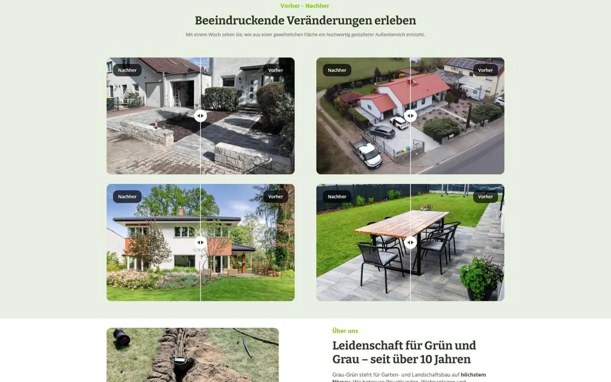 Abschnitt der Grau-Grün-Website mit vier Vorher-Nachher-Bildern von Einfahrten, Gärten und Terrassen