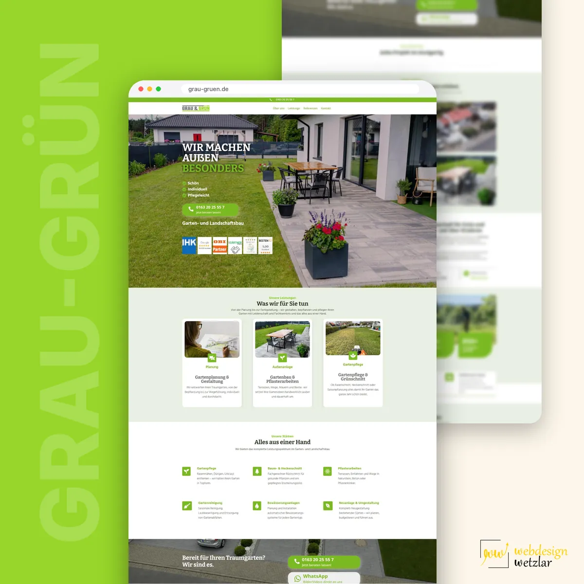 Website von Grau-Grün im Browserfenster mit Terrasse im Kopfbereich, drei Leistungskarten und Stärken-Raster