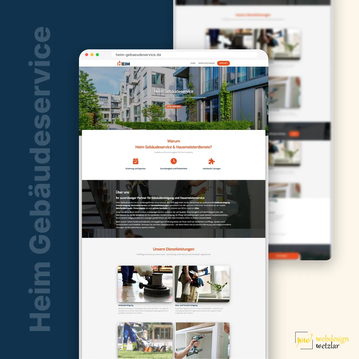 Website von Heim Gebäudeservice im Browserfenster: Wohnanlage im Hero, orange Überschriften und Leistungskacheln