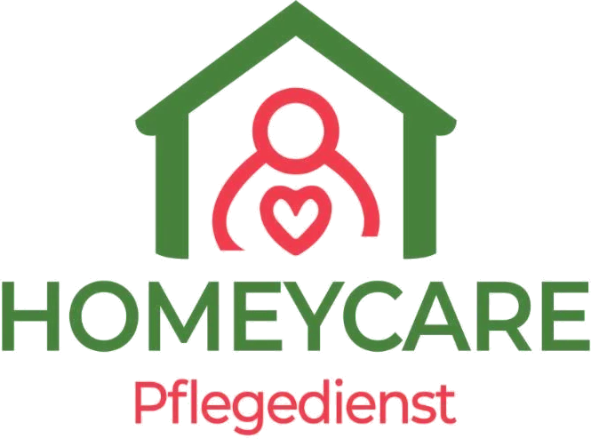 Logo von Homeycare Pflegedienst: grünes Haus mit roter Figur und Herz, darunter die Wortmarke