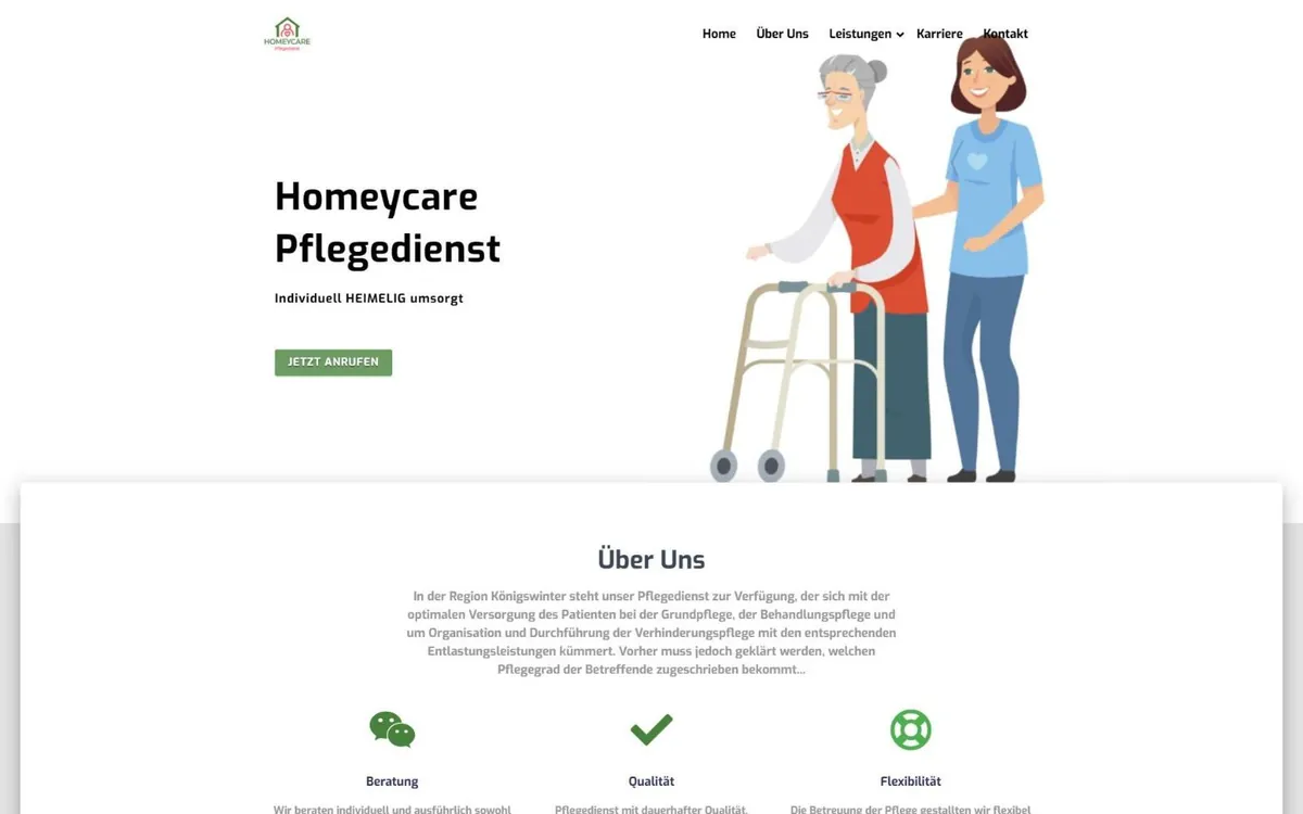 Startseite von pflegedienst-homeycare.de mit Illustration, Leitsatz und grünem Button Jetzt anrufen