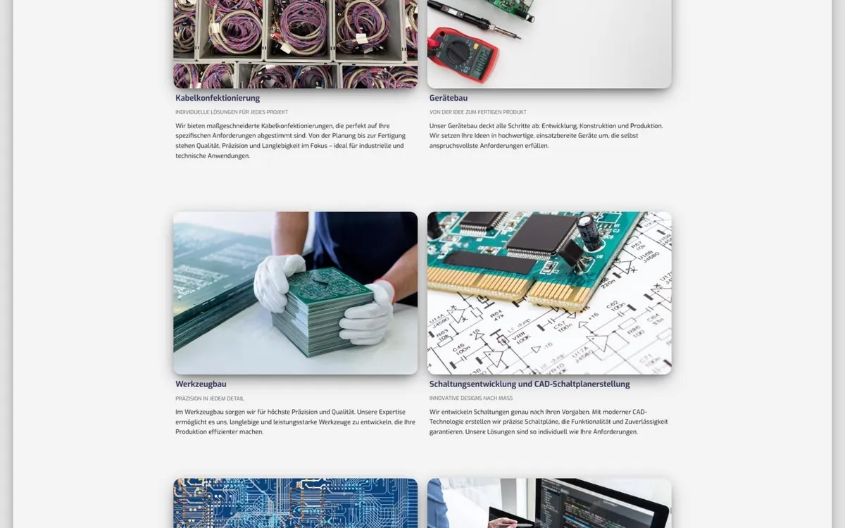 Leistungskacheln der Kilic-Elektronik-Website zu Kabelkonfektion, Gerätebau, Werkzeugbau und Schaltungen