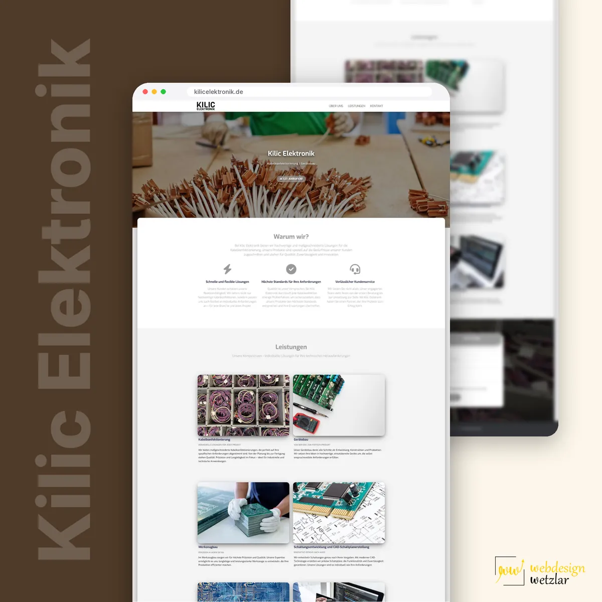 Website von Kilic Elektronik im Browserfenster: Kabelbündel im Startbereich und Leistungskacheln mit Fotos