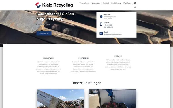 Startseite von klajo-recycling-giessen.de mit Titel Schrotthandel Gießen und Box mit Adresse, Telefon und E-Mail