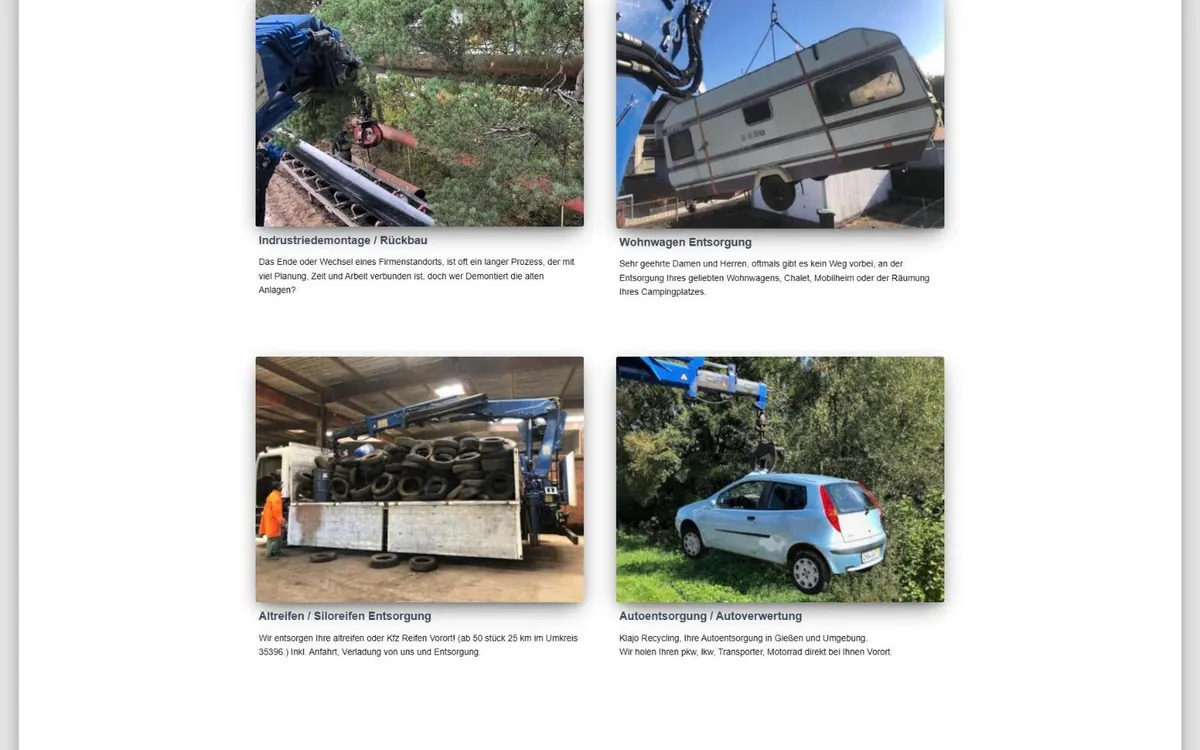 Leistungskacheln der Klajo-Website: Ladekran mit Wohnwagen, Lkw mit Altreifen und Auto am Kranhaken