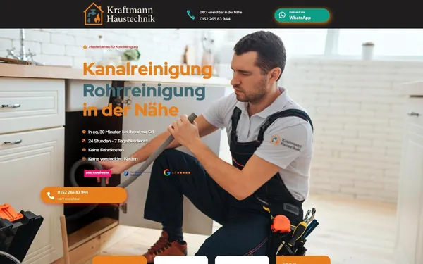 Startseite von kraftmann-haustechnik.de mit Überschrift Kanalreinigung, Telefonnummer und WhatsApp-Button
