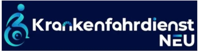 Logo von Krankenfahrdienst NEU: stilisierte Person im Rollstuhl neben weißer Schrift auf Dunkelblau