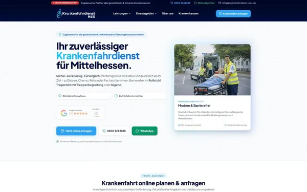 Startseite von krankenfahrdienst-neu.de mit Überschrift für Mittelhessen und Foto einer Liegendfahrt