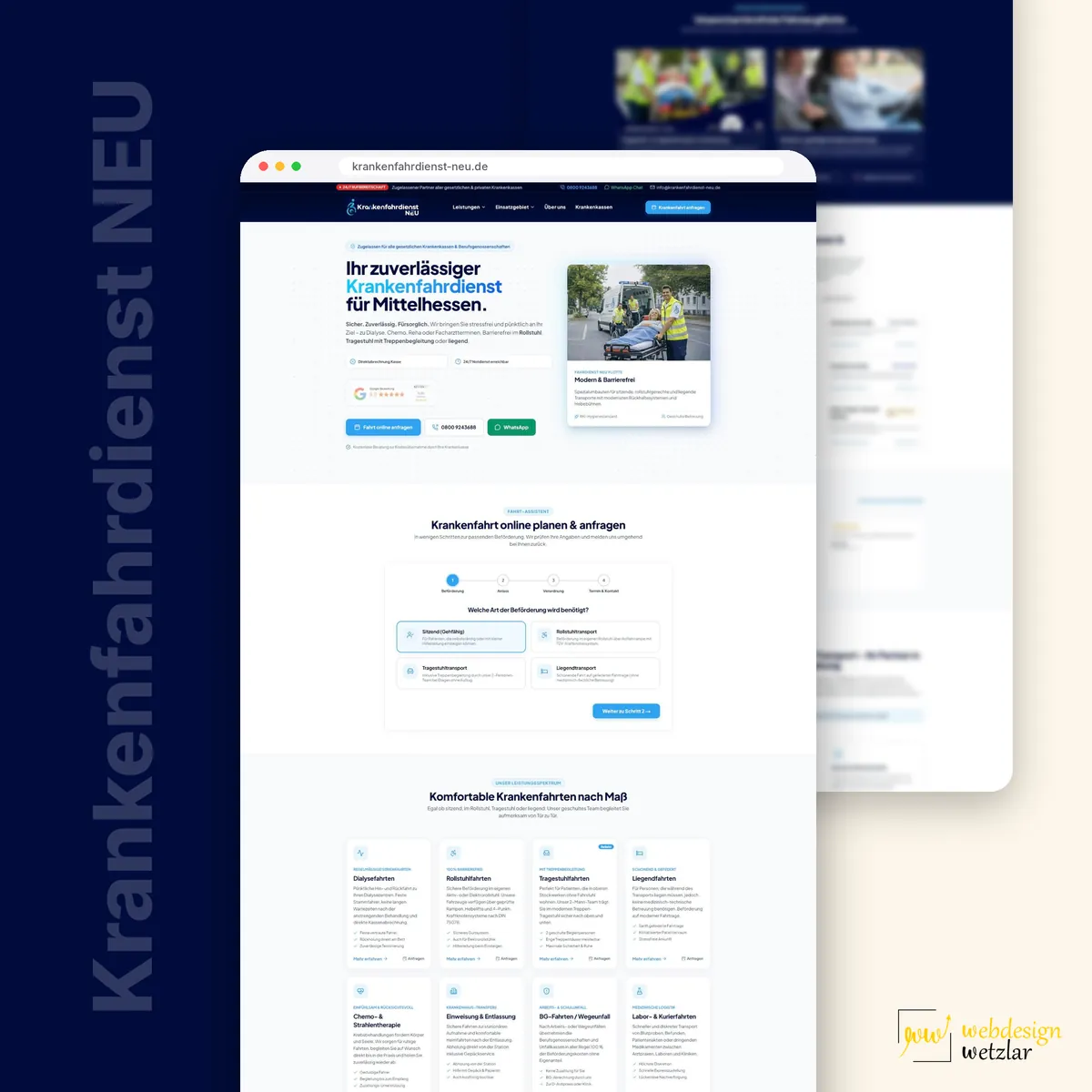 Website von Krankenfahrdienst NEU im Browserfenster: Startbereich, Fahrt-Assistent und Karten der Fahrtarten