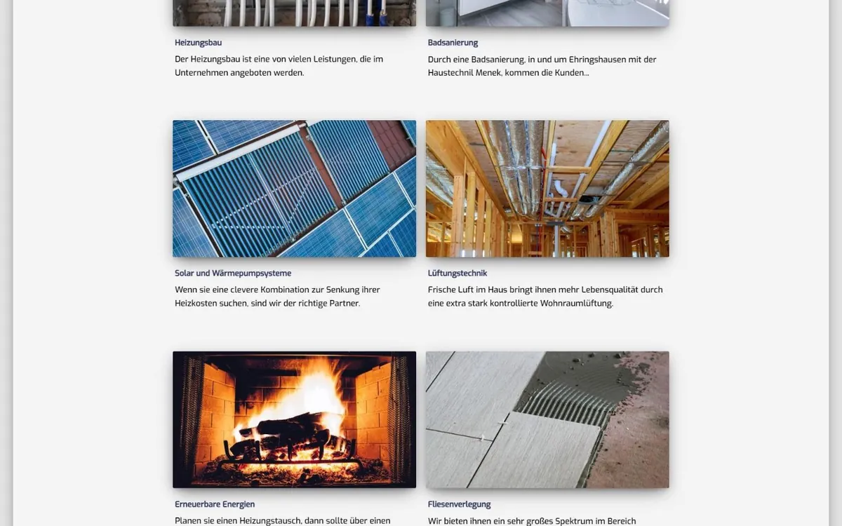 Leistungsraster der Menek-Website mit Fotos von Solarmodulen, Lüftungsrohren, Kaminfeuer und Fliesen