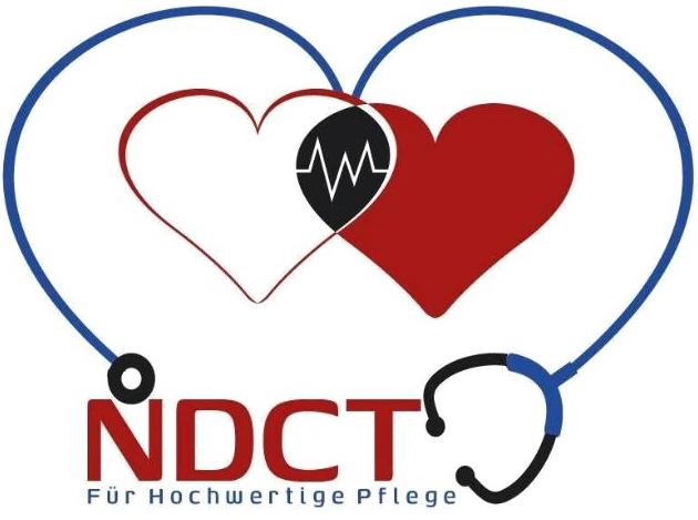 Logo von NDCT 24: blaues Stethoskop als Herz, zwei rote Herzen mit Herzschlaglinie und Schriftzug