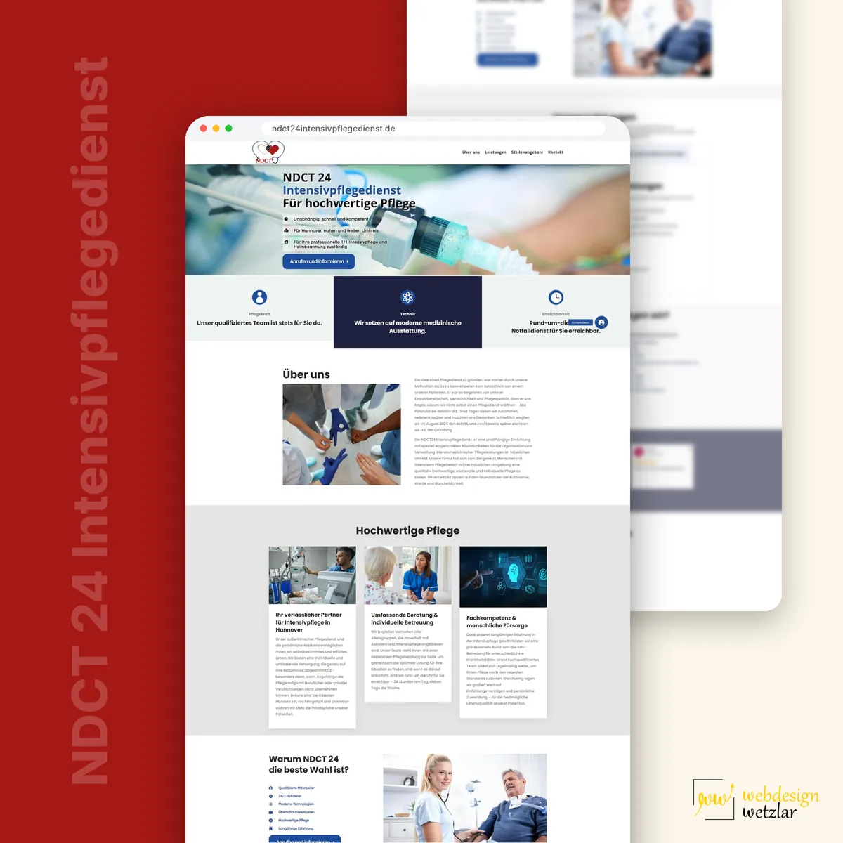 Website von NDCT 24 Intensivpflegedienst im Browserfenster: Beatmungsgerät im Hero und Abschnitt Hochwertige Pflege