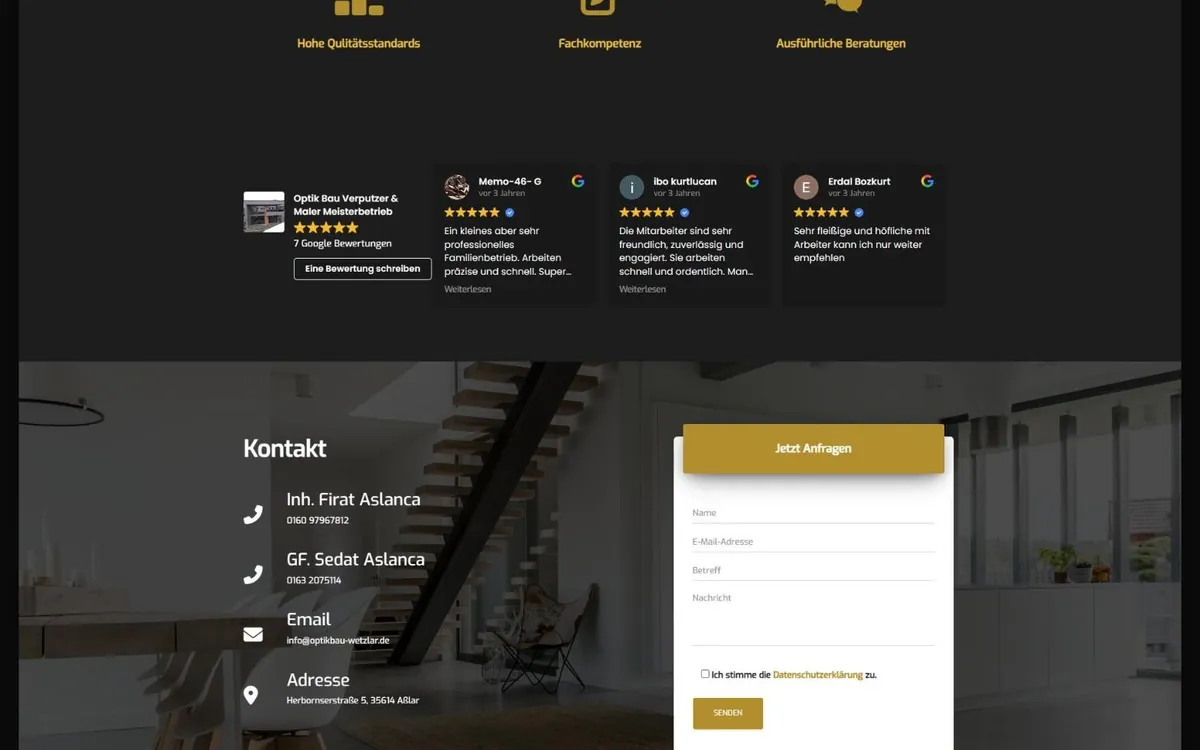 Kontaktbereich der Optik-Bau-Website mit zwei Ansprechpartnern, Adresse und Formular Jetzt anfragen