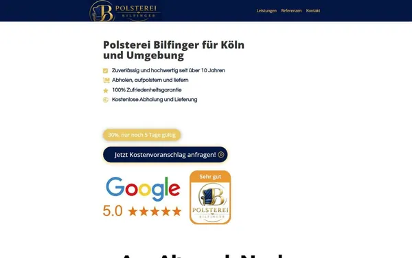 Startseite von polsterei-bilfinger.de mit dunkelblauem Header, Stichpunkten und Button für den Kostenvoranschlag