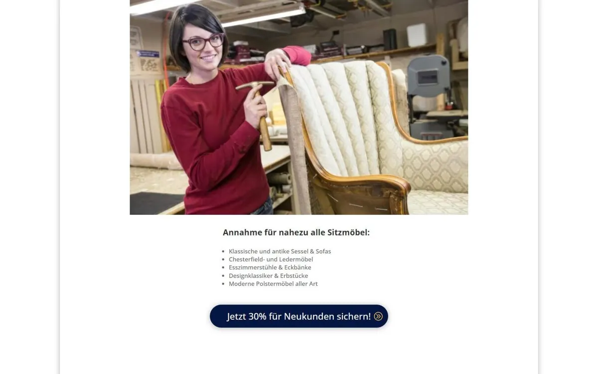 Abschnitt der Bilfinger-Website: Polsterin mit Hammer an einem Ohrensessel und Liste angenommener Sitzmöbel