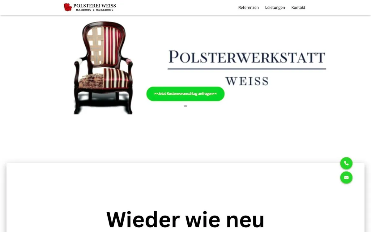 Startseite von polstereiweiss.de mit gestreiftem Stuhl, Schriftzug Polsterwerkstatt Weiss und grünem Button
