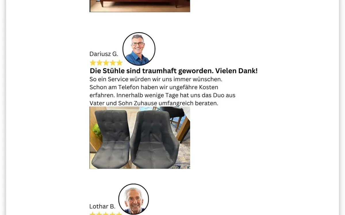 Abschnitt der Polsterei-Weiß-Website mit Kundenstimmen und Foto zweier neu bezogener grauer Stühle
