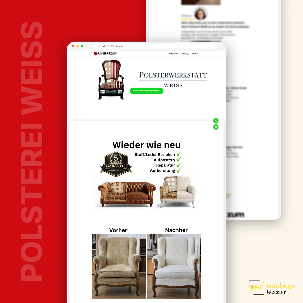 Website von Polsterei Weiß im Browserfenster: restaurierter Stuhl im Kopfbereich und Vorher-Nachher-Bilder eines Ohrensessels