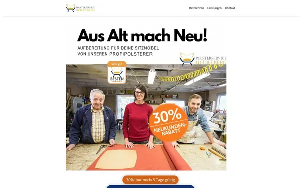 Startseite von polsterservice-heidelberg.de mit Logo, Menü und drei Personen am Zuschneidetisch der Werkstatt