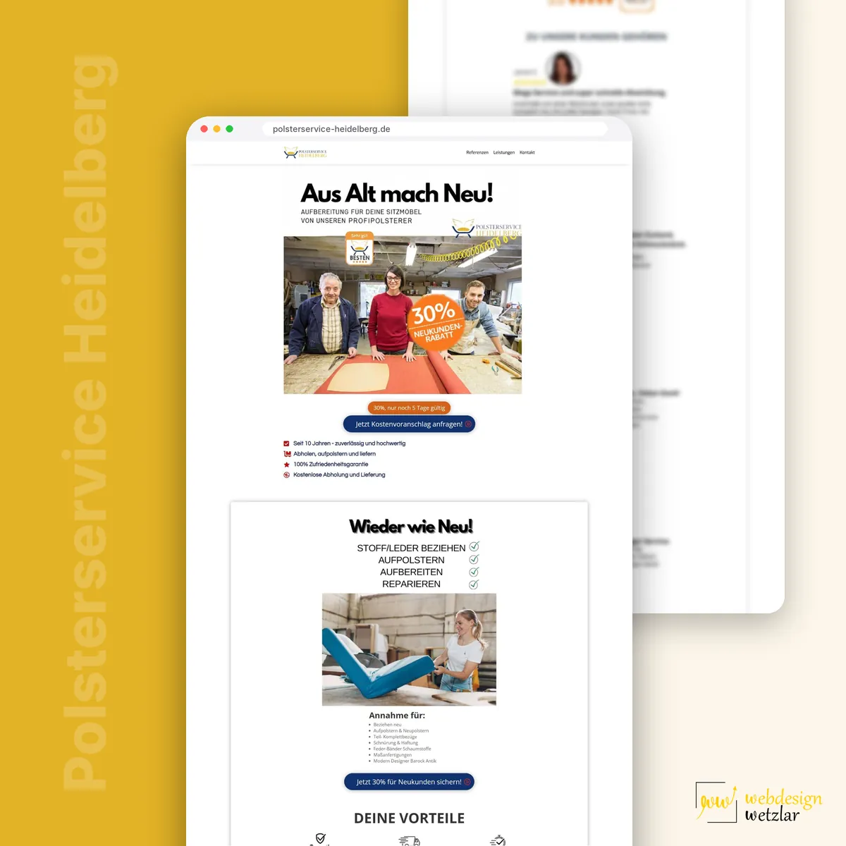 Website von Polsterservice Heidelberg im Browserfenster: Überschrift Aus Alt mach Neu! über einem Teamfoto in der Werkstatt