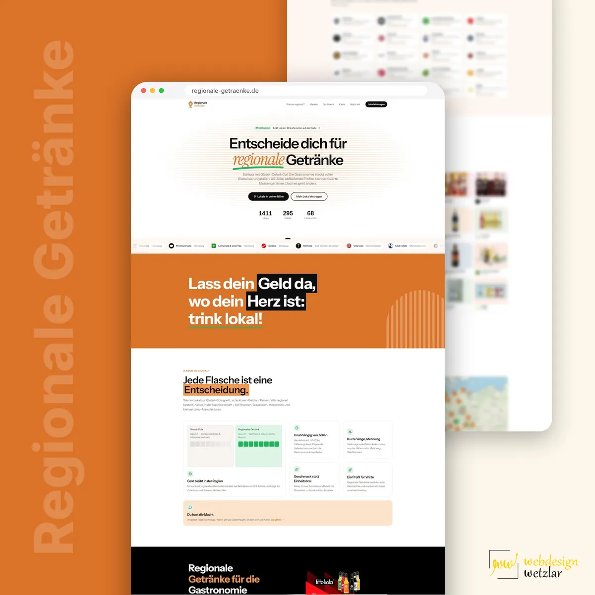 Website von Regionale Getränke im Browserfenster: Startbereich, orangefarbenes Band und Abschnitt Warum regional