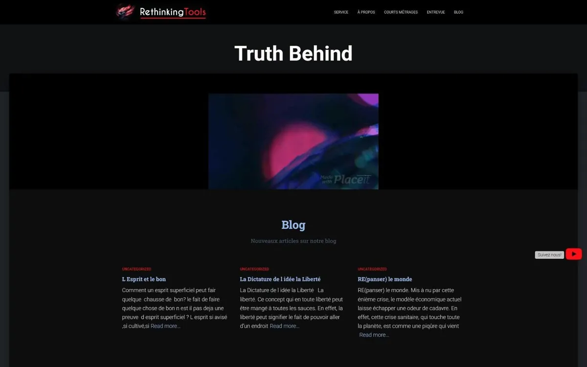Startseite von rethinking-tools.com mit Logo, Menü, Überschrift Truth Behind, Videostandbild und drei Blogartikeln