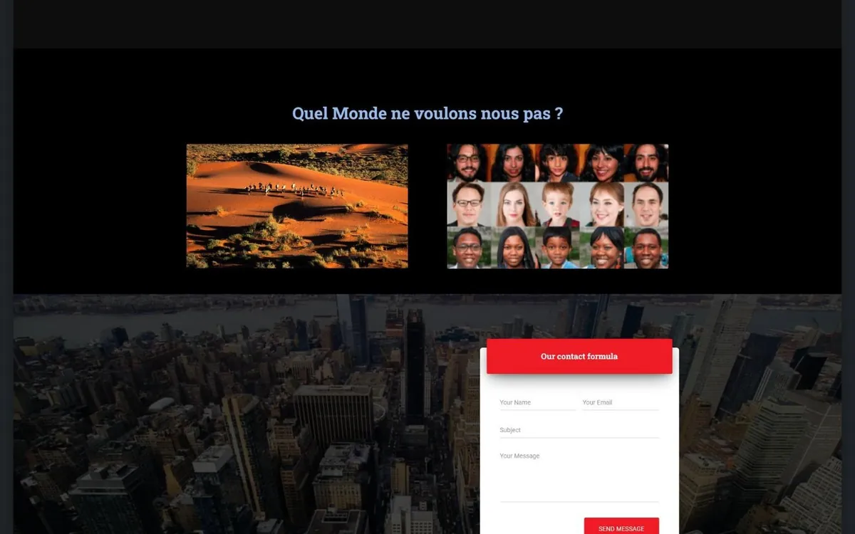 Abschnitt Quel Monde ne voulons nous pas ? mit Wüstenbild und Gesichtercollage, darunter das rote Kontaktformular