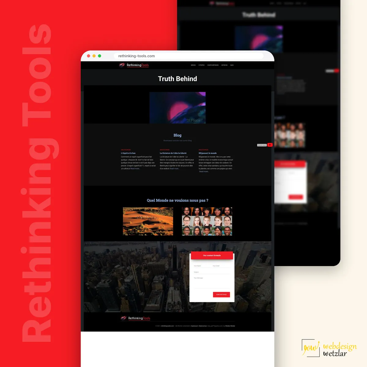 Website von Rethinking Tools im Browserfenster: dunkle Startseite mit Video Truth Behind, Blog und Kontaktformular