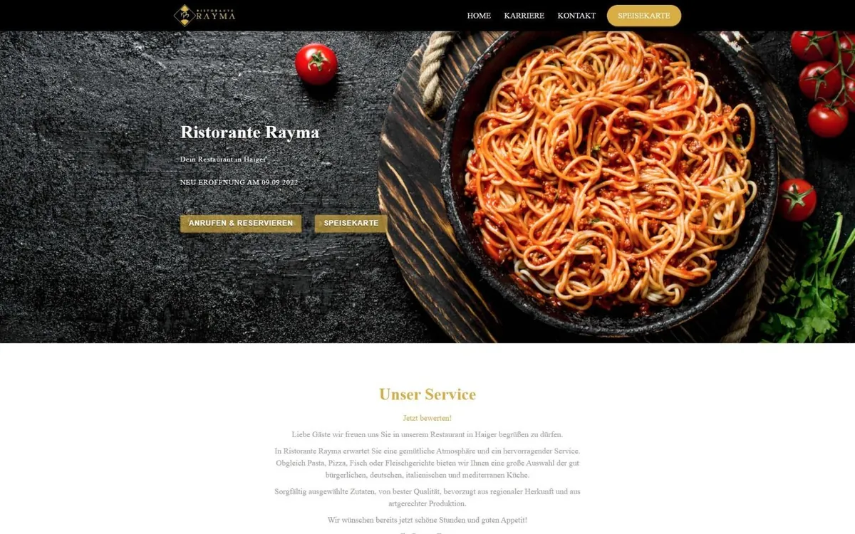Startseite von ristorante-rayma.de mit goldenem Logo, Spaghettipfanne und Buttons zu Reservierung und Speisekarte