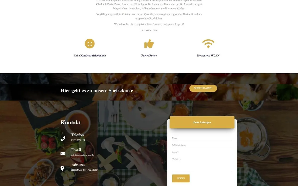 Ausschnitt der Rayma-Website mit Service-Symbolen, Band zur Speisekarte und Kontaktformular auf Tischfoto