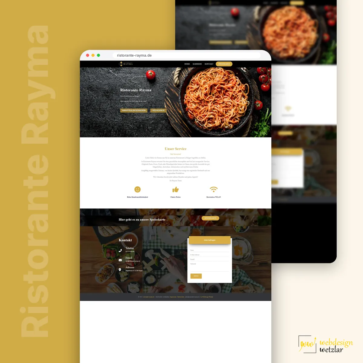 Website des Ristorante Rayma im Browserfenster: Spaghetti im Titelbild, Serviceteil und Kontaktbereich mit Formular