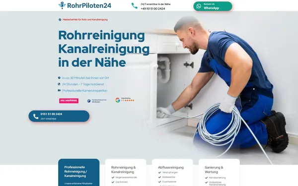 Startseite von rohrpiloten24.de mit Telefonnummer, WhatsApp-Button und Überschrift Rohrreinigung Kanalreinigung