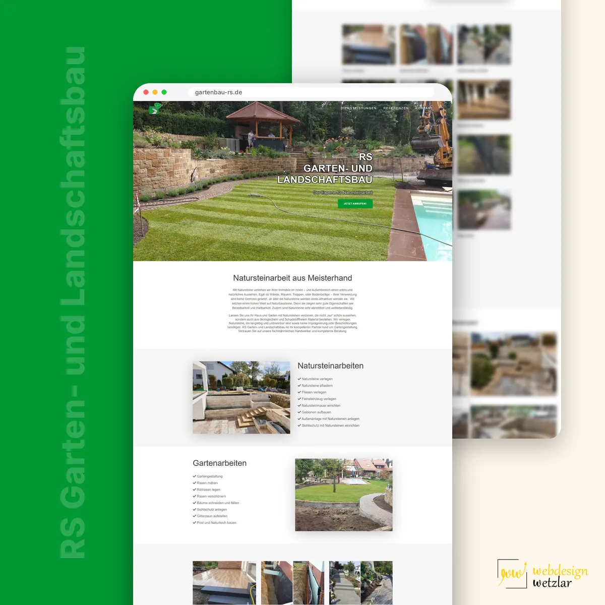 Website von RS Garten- und Landschaftsbau im Browserfenster: Garten mit Pool im Titelbild, darunter Leistungsblöcke