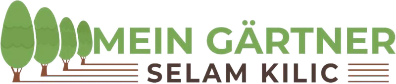 Logo von Mein Gärtner Selam Kilic: vier grüne Bäume in einer Reihe, Schriftzug in Grün und Braun